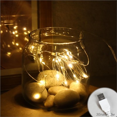 Гирлянда светодиодная нить 3 м 30 LED / GN24 /уп 200/теплый белый USB