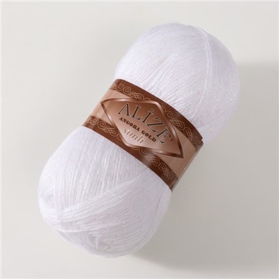 Пряжа для вязания спицами, крючком ALIZE, Angora Gold Simli, 75% акрил, 20% шерсть, 5% металлик, 500 м/100 г, (55 белый)