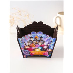 Конфетница квадратная или подставка под кулич «Пасхальные яйца и храм». 10×13×13.5 см