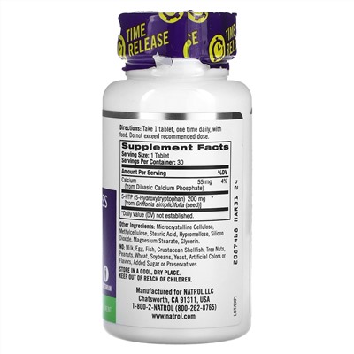Natrol, 5-HTP, медленное высвобождение, максимальная сила, 200 мг, 30 таблеток