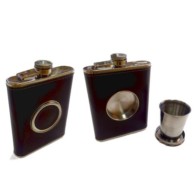 Фляга кож. 8oz (10*14 см) + складной стакан внутри