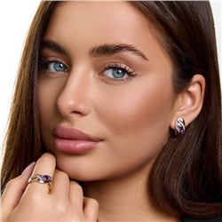 Комплект ювелирной бижутерии коллекция "Дубай" серьги и кольцо 19 р, покрытие позолота, вставка: фианиты и цирконы, цвет: фиолетовый и прозрачный, арт.414.616-19