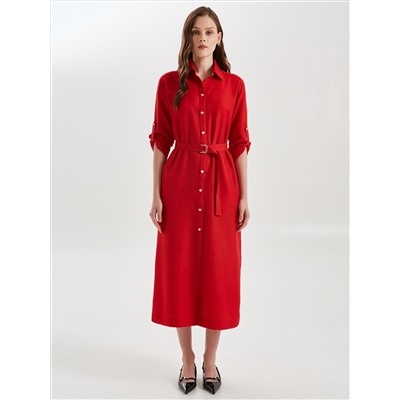 Платье А-образного силуэта красное с поясом