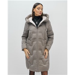 Пальто зимнее утепленное с капюшоном женское серого цвета 7638Sr