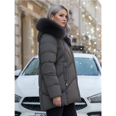 Куртка зимняя женская с мехом и капюшоном тренд темно-серого цвета 7656TC