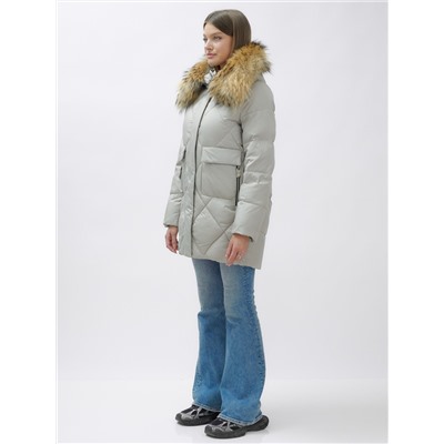 Куртка женская зимняя с мехом енот премиум класса серого цвета 3141Sr