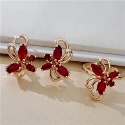 Комплект ювелирной бижутерии коллекция "Дубай" в форме цветов серьги и кольцо 17 р, покрытие позолота, вставка: фианиты, цвет: красный, арт.414.627-17