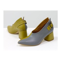 Дизайнерские туфли перчатки (glove shoes) с ремешком, на невысоком обтяжном каблуке, выполнены из натуральной итальянской кожи горчичного и серого цвета, Новая Коллекция от Gino Figini, Т-2056-04