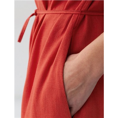 Длинное платье-рубашка с поясом и разрезами изо льна с вискозой