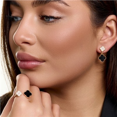 Комплект ювелирной бижутерии коллекция "Дубай" серьги и кольцо разъемное, покрытие позолота, вставка: пластик и цирконы, цвет: черный и прозрачный, арт.414.619-17/18