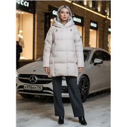 Куртка двубортная женская зимняя с капюшоном бежевого цвета 7736B