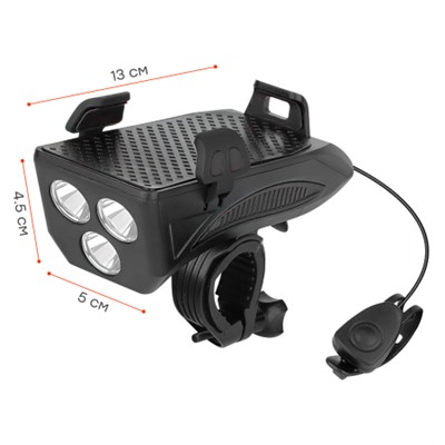 Фонарь передний COMIRON "HOLDER" ABS, IPX5; 3*T6 LED, 400lm 4800mAh USB индикатор заряда POWER BANK сигнал 130Дб крепление смартфона чёрный /уп 20/80/