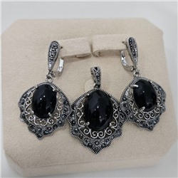 Комплект ювелирной бижутерии коллекция "Дубай" серьги и кулон, покрытие посеребрение, вставка: пластик и марказиты, цвет: черный и графитовый, арт.414.646