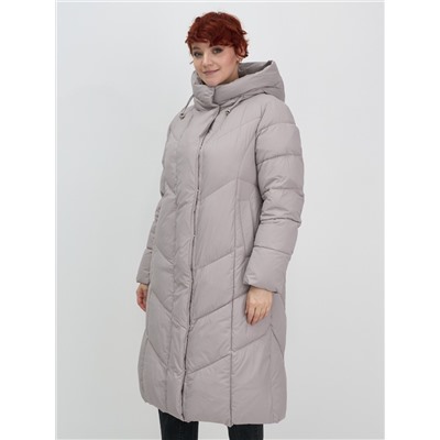 Пальто зимнее утепленное с капюшоном женское серого цвета 7628Sr