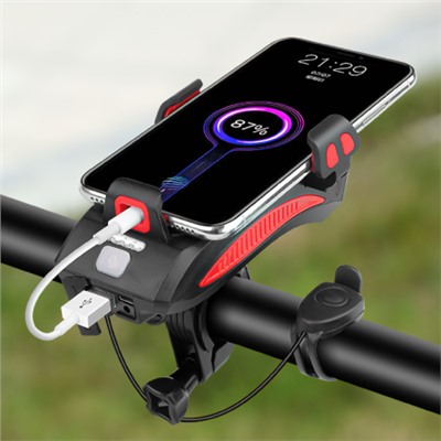 Фонарь передний COMIRON "HOLDER" ABS, IPX5; 3*T6 LED 400lm 4800mAh USB индикатор заряда POWER BANK сигнал 130Дб крепление смартфона красный /уп 20/80/