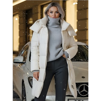 Пальто зимнее утепленное с капюшоном женское бежевого цвета 7700B