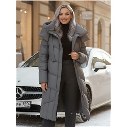 Пальто зимнее утепленное с капюшоном женское темно-серого цвета 7748TC