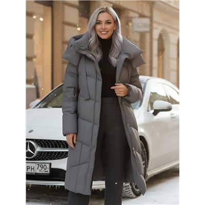 Пальто зимнее утепленное с капюшоном женское темно-серого цвета 7748TC