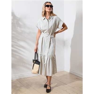 Платье в полоску А-силуэта с поясом из легкого хлопкового поплина