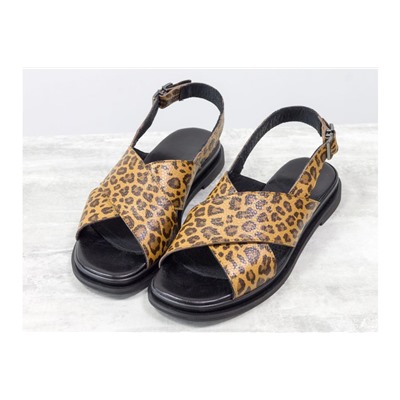 Босоножки в стиле animal print из натуральной кожи яркого леопардового принта, на легкой подошве черного цвета, С-1811/1-01