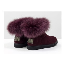 Женские ботиночки в стиле UGG из натуральной замши бордового цвета и натурального шикарного меха песца, коллекция осень-зима, Б-17113-02