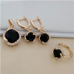 Комплект ювелирной бижутерии коллекция "Дубай" серьги, кулон и кольцо 19 р, покрытие позолота, вставка: стекло и цирконы, цвет: черный и прозрачный, арт.414.560-19