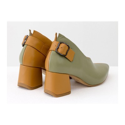 Дизайнерские туфли перчатки (glove shoes) с ремешком, на невысоком обтяжном каблуке, выполнены из натуральной итальянской кожи фисташкового и табачного цвета, Новая Коллекция от Gino Figini, Т-2056-14