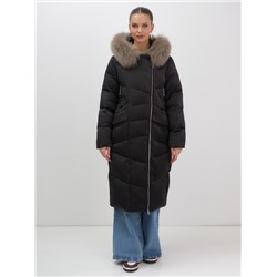 Двубортное пальто зимнее утепленное с мехом и капюшоном черного цвета 7626Ch