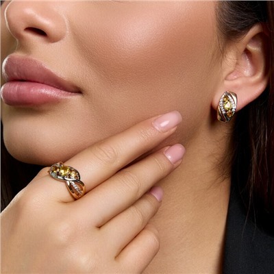 Комплект ювелирной бижутерии коллекция "Дубай" серьги и кольцо 19 р, покрытие позолота, вставка: фианиты и цирконы, цвет: желтый и прозрачный, арт.414.611-19