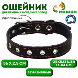 Ошейник кожаный однослойный, безразмерный, 56×2.5 см, ОШ 17-44 см, чёрный