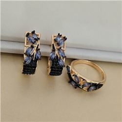 Комплект ювелирной бижутерии коллекция "Дубай" серьги и кольцо 20 р, покрытие позолота, вставка: фианиты и цирконы, цвет: синий и черный, арт.414.699-20