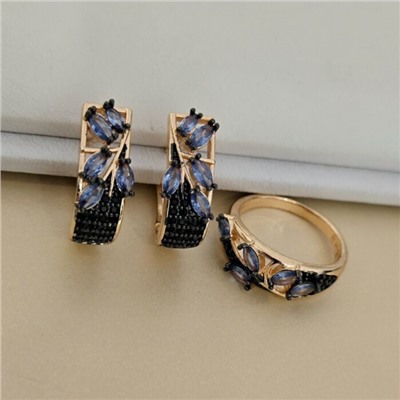 Комплект ювелирной бижутерии коллекция "Дубай" серьги и кольцо 18 р, покрытие позолота, вставка: фианиты и цирконы, цвет: синий и черный, арт.414.699-18