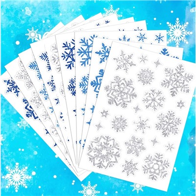 Наклейки СНЕЖИНКИ блестящие с глиттером Универсальные для творчества, Набор 9 листов 14*20 см. 3 цвета