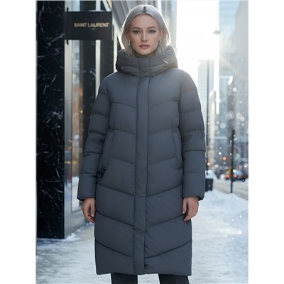 Пальто зимнее утепленное с капюшоном женское темно-серого цвета 7623TC