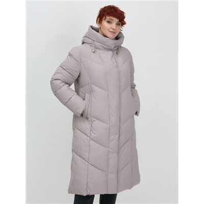 Пальто зимнее утепленное с капюшоном женское серого цвета 7628Sr