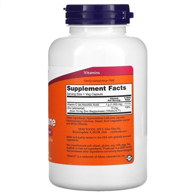 NOW Foods, C-1000 и цинк для иммунитета, 180 растительных капсул