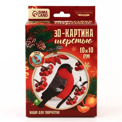 Валяние из шерсти на новый год. Живопись шерстью на пяльцах «Снегирь на рябине», 10 × 10 см, новогодний набор для творчества
