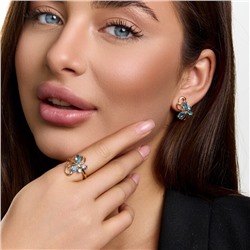 Комплект ювелирной бижутерии коллекция "Дубай" в форме цветов серьги и кольцо 20 р, покрытие позолота, вставка: фианиты, цвет: голубой, арт.414.625-20