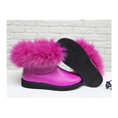 Женские ботиночки в стиле UGG из натуральной кожи цвета фуксия и натурального шикарного меха песца, Коллекция осень-зима , Б-17113