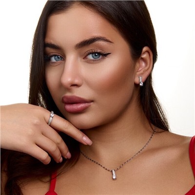 Комплект ювелирной бижутерии коллекция "Дубай" серьги, кулон и кольцо 20 р, покрытие посеребрение, вставка: фианит и цирконы, цвет: прозрачный, арт.414.665-20