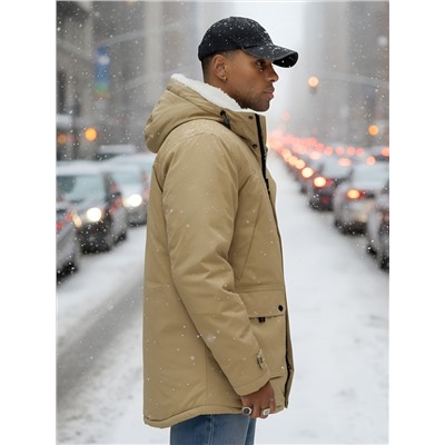 Парка мужская зимняя удлиненная с мехом горчичного цвета 8753G