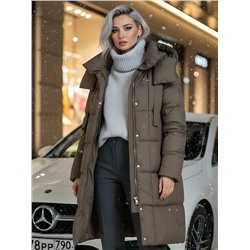 Пальто зимнее утепленное с капюшоном женское коричневого цвета 7700K
