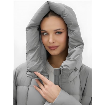 Пальто зимнее утепленное с капюшоном женское серого цвета 7741Sr