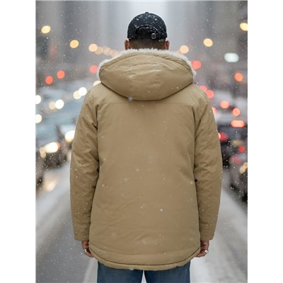 Парка мужская зимняя удлиненная с мехом горчичного цвета 8753G