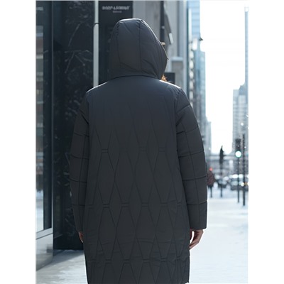 Пальто зимнее утепленное женское большого размера темно-серого цвета 7699TC