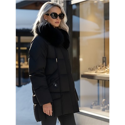 Куртка зимняя женская с мехом и капюшоном тренд черного цвета 7660Ch