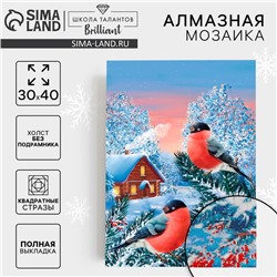 Алмазная мозаика на новый год с полным заполнением на холсте «Снегири на ветке», 30 х 40 см, набор для творчества.