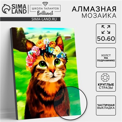 Алмазная мозаика с частичным заполнением на подрамнике «Кот в венке», 50 x 60 см