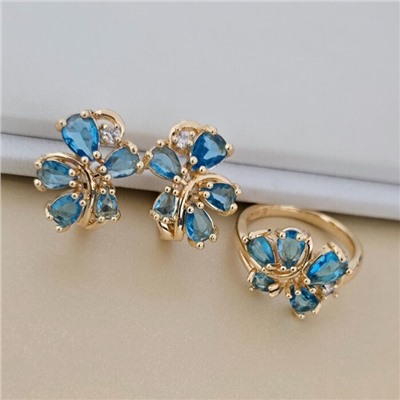 Комплект ювелирной бижутерии коллекция "Дубай" серьги и кольцо 18 р, покрытие позолота, вставка: фианиты, цвет: голубой, арт.414.591-18