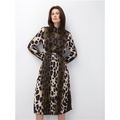 Платье с юбкой плиссе OD-883-1 леопард коричневый с хаки